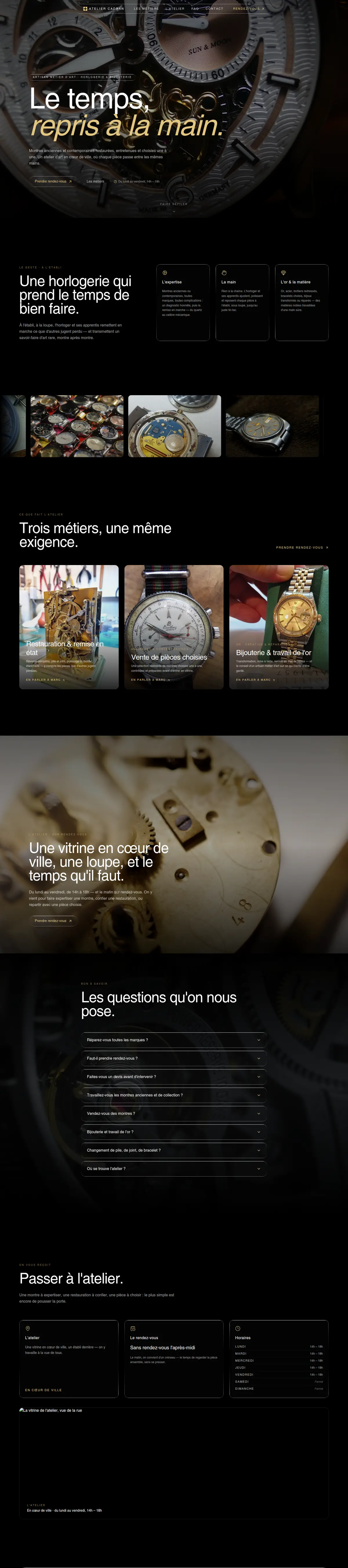 Le site de Atelier Cadran, horlogerie & bijouterie d'art, défilé de la page d'accueil