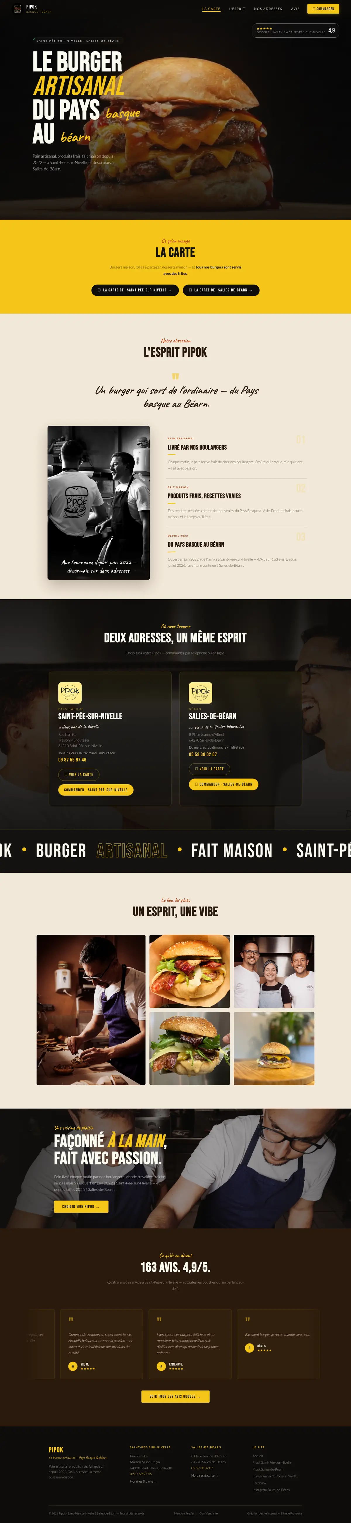 Page d'accueil du site de Pipok, burger artisanal à Saint-Pée-sur-Nivelle & Salies-de-Béarn
