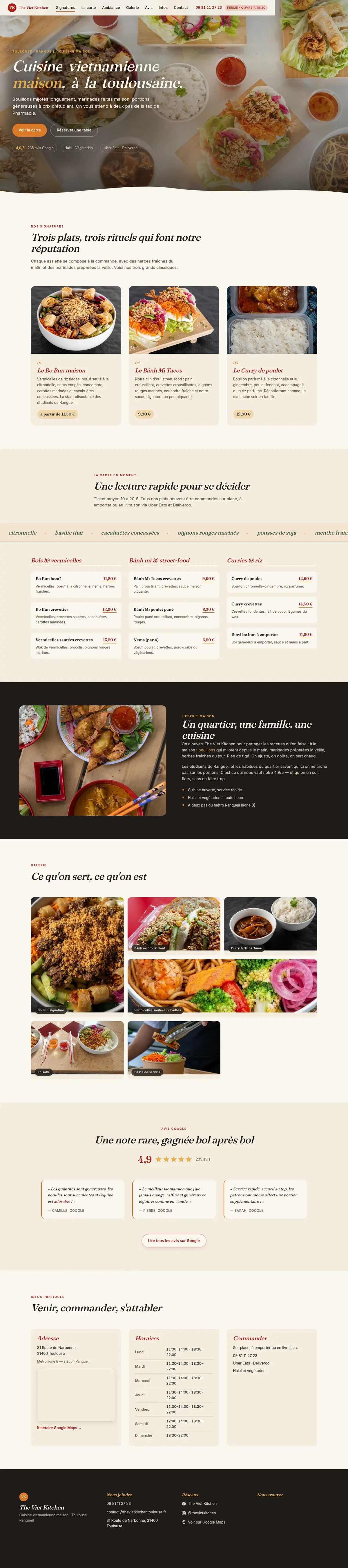 Page d'accueil du site de The Viet Kitchen, restaurant vietnamien à Toulouse